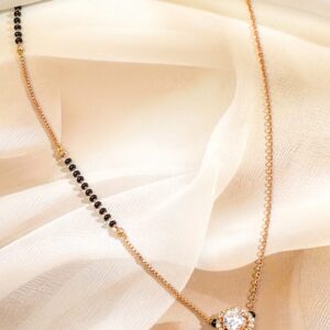 18K Rose Gold-Plated White Cubic Zirconia Studded Round Pendant Mangalsutra with Black Beaded Chain