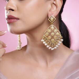 22K Antique Gold-Plated Creamy White Pearl Beaded Floral Long Chandbalis Earrings