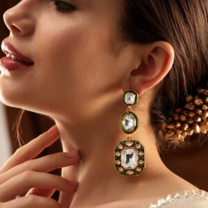22K Antique Gold plated Kundan Studded Green Enamel Statement Dangle Earring - Green::Gold