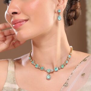 22K Gold-Plated Aqua Green Stone & Cubic Zirconia Studded Necklace Set with Earrings
