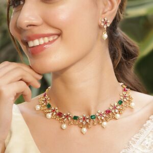 22K Gold Plated Brass Red And Green Stone Studded Pearls Hanging Jewellery Set - Multicolor