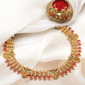 22K Gold-Plated Brass Traditional Necklace Set with Ruby Red & Emerald Green Stones