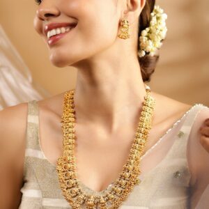 22K Gold-Plated Divine Lakshmi Motif Temple Jewellery Set with Gold Bead Accents - Gold