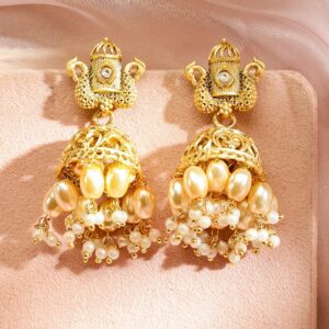 22K Gold-Plated Dome-Shaped Jhumka Earrings with White Pearl Beads and Statement Design - Gold