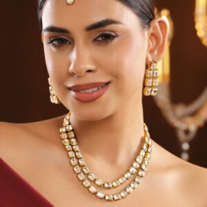 22K Gold-Plated Double Layer White Kundan Studded Statement Necklace Set with Earrings & Maangtikka