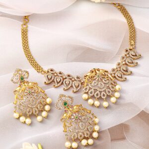 22K Gold-Plated Emerald Green & Cubic Zirconia Jewellery Set with Pearl Beads - Gold