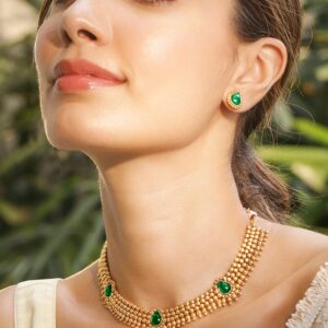 22K Gold-Plated Emerald Green Stone Studded Traditional Temple Jewelry Set - Gold