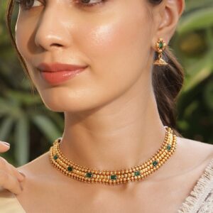 22K Gold-Plated Emerald Stone Studded Necklace Set with Gold Beads and Pearl Drops - Green