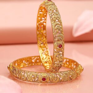 Set of 2 22K Gold-Plated Ruby Pink Stone & Floral Design Traditional Bangles - 02-Jun