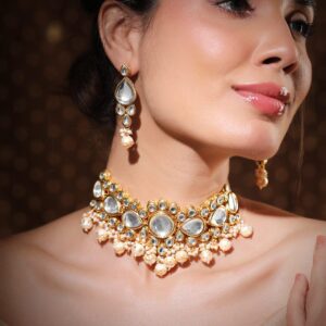 22K Gold-Plated Glossy Pearl Beaded Kundan Handcrafted Choker Necklace Set