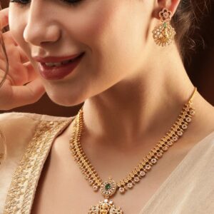 22K Gold-Plated Goddess Motif Kemp & Zirconia Crystal Studded Pearl Beaded Handcrafted Necklace Set - Gold::Green