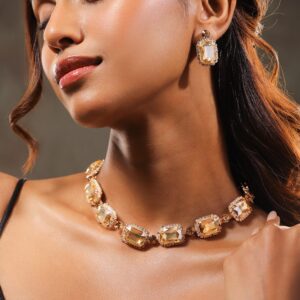 22K Gold Plated Golden Crystal & Cubic Zirconia Studded Bold Statement Jewelry Set - Gold