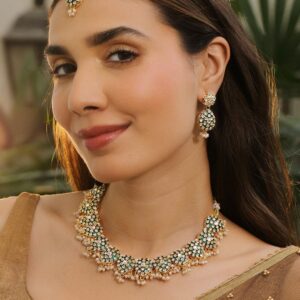 22K Gold-Plated Green Enamel Kundan Studded Necklace Set with Pearl Beaded Drops - Gold