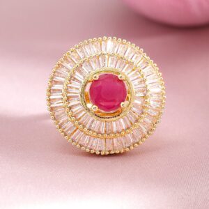 22K Gold Plated Ruby Pink & White American Diamond Studded Adjustable Finger Ring - Ruby Pink