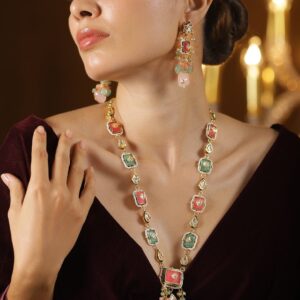 22K Gold-Plated Handcrafted Enamel Meenakari Kundan Luxe Necklace Set with Pastel Pink & Green Gem Floral Beads and CZ Accents - Gold