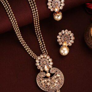22K Gold Plated Handcrafted Kundan Stone Pendant Set - Gold