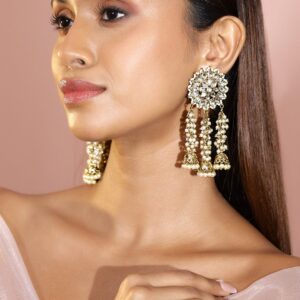 22K Gold Plated Handcrafted Kundan Studded Floral Design 3-Layered Jhumka Earrings - Gold