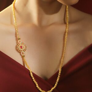 22K Gold-Plated Handcrafted Long Necklace with Ruby Pink & Emerald Green Accent Pendant for Women