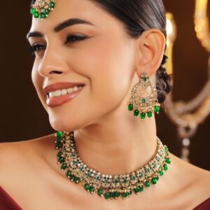 22K Gold-Plated Handcrafted White & Green Kundan Studded Necklace Set with Green Drop Beads & Off-White Pearl Beads