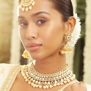 22K Gold Plated Handcrafted White Kundan & Pearl Bridal Choker Jewelry Set - Gold