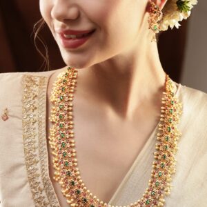 22K Gold-Plated Kemp & Zirconia Crystal Studded Handcrafted Pearl Beaded Necklace Set - Gold