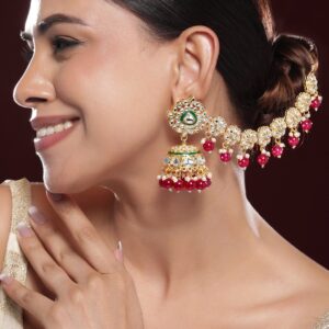 22K Gold-Plated Kundan Studded Kan Chain Earrings with Red Beads & Green Enamel Detailing - Gold
