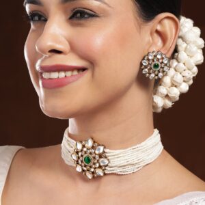 22K Gold-Plated Kundan & Emerald Green Stone Studded White Pearl Beaded Floral Choker Necklace Set - Emerald