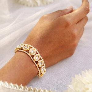 22K Gold Plated Kundan & Pearl Handcrafted Adjustable Bracelet for Traditional Look - Gold