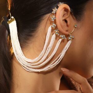 22K Gold Plated Kundan & Pearl Multi-Strand Ear Cuff Chain Extension Earrings - Gold