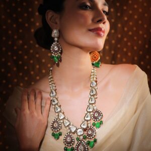 22K Gold-Plated Kundan & Ruby Stone Studded & Green Beaded Bridal Necklace Set