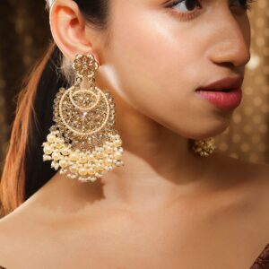 22K Gold Plated Kundan Studded Handcrafted Long Chandbali with Cream-Colored Pearls - Gold
