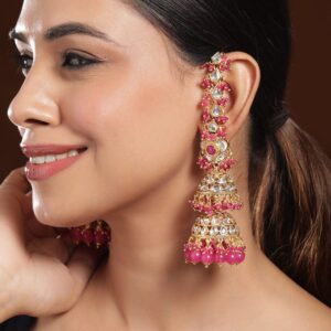22K Gold-Plated Kundan Studded Long Full-Ear Covering Triple-Layer Jhumka with Pink Beads