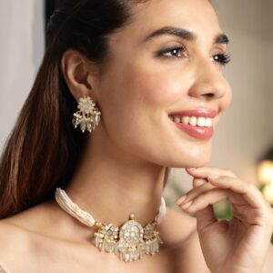 22K Gold-Plated Kundan Studded Green Pearl & Beaded Multistrand Choker Necklace Set - Gold