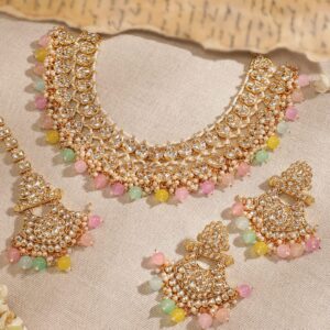 22K Gold plated Kundan Studded Multicolour Beaded Chandbali Motif Necklace Set - Multicolor