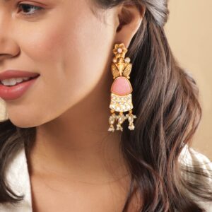 22K Gold plated Kundan studded Pearl beaded dangle Earring - Gold