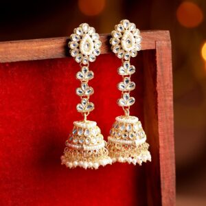 22K Gold plated kundan studded pearl beaded Elegant Jhumka earrings - Gold