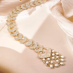 22K Gold Plated Kundan Studded Pearl Beaded Hair Choti Braid Jewelry - Gold