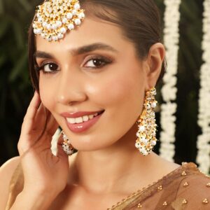 22K Gold plated Kundan with pearl beaded Chandbali Statement Earrings and maang tika set - Gold