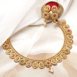 22K Gold-Plated Lakshmi Temple Necklace Set with Ruby Pink & Emerald Stones, Golden Beaded Detailing and Pearl Drops