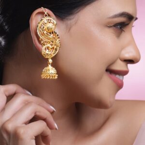 22K Gold-Plated Leaf Filigree Oversized Ear-Cuff Jhumka Earrings