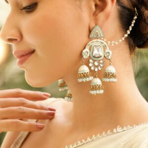 22K Gold-Plated Mint Green Enamel White Kundan Studded Chandbali Jhumka Earrings with Pearl Beading Ear Chain for Women - Mint Green