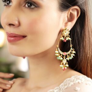 22K Gold-Plated Multi-Color Stone & Kundan Studded Chandbali Earrings with Beads