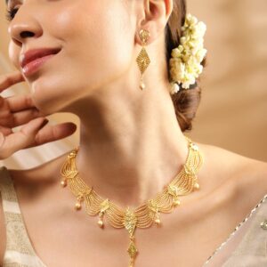 22K Gold-Plated Multi-Strand Necklace Set with Leaf Motifs and Matching Drop Earrings for Womens & Girls - Gold