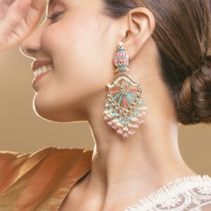 22K Gold-Plated Multicolor Enamel with Mint Green and Pastel Pink Beaded Chandelier - multicolor