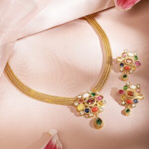 22K Gold-Plated Multicolor Gemstone Studded Brass Traditional Necklace Set - Multicolor