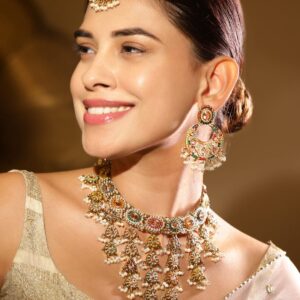 22K Gold-Plated Multicolor Kundan & Cubic Zirconia Studded Bridal Jewelry Set - Multicolor