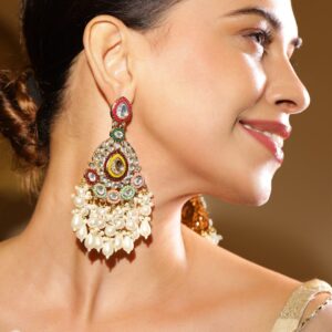 22K Gold Plated Multicolor Stone & Kundan Studded Long Chandbali Earrings with Pearl Accents