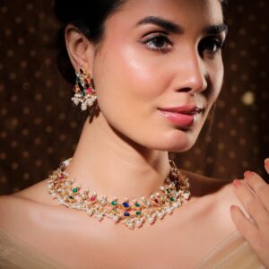 22K Gold-Plated Multicolor Stone Studded Choker Necklace Set with Pearl Accents
