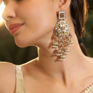 22K Gold-Plated Multicolour Enamel & Kundan Long Jhumka Dangler Earrings