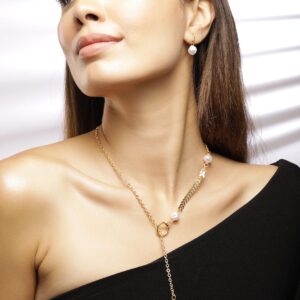 22K Gold-Plated Necklace & Earrings Set with Pearl Beads and Chain Detailing
